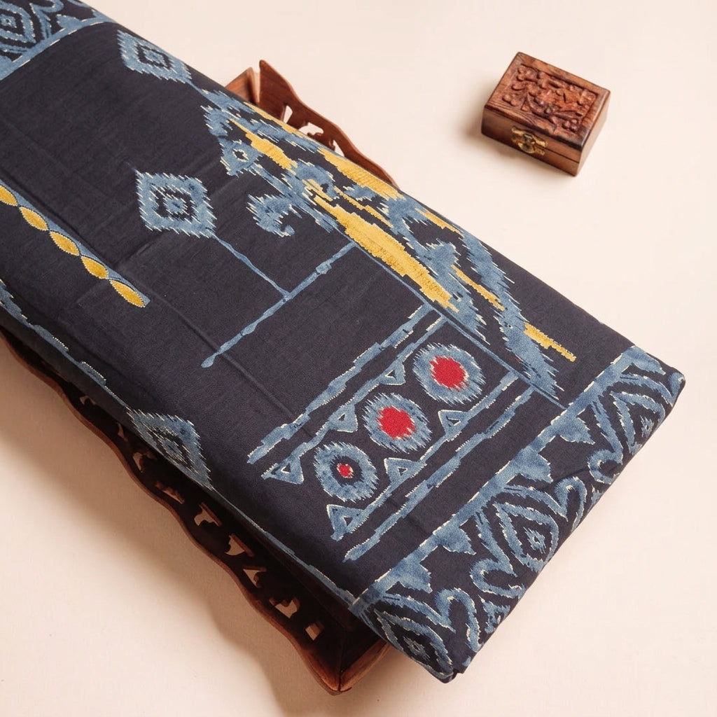 Abstract Blue Abstract Rayon Fabric on a wooden tray