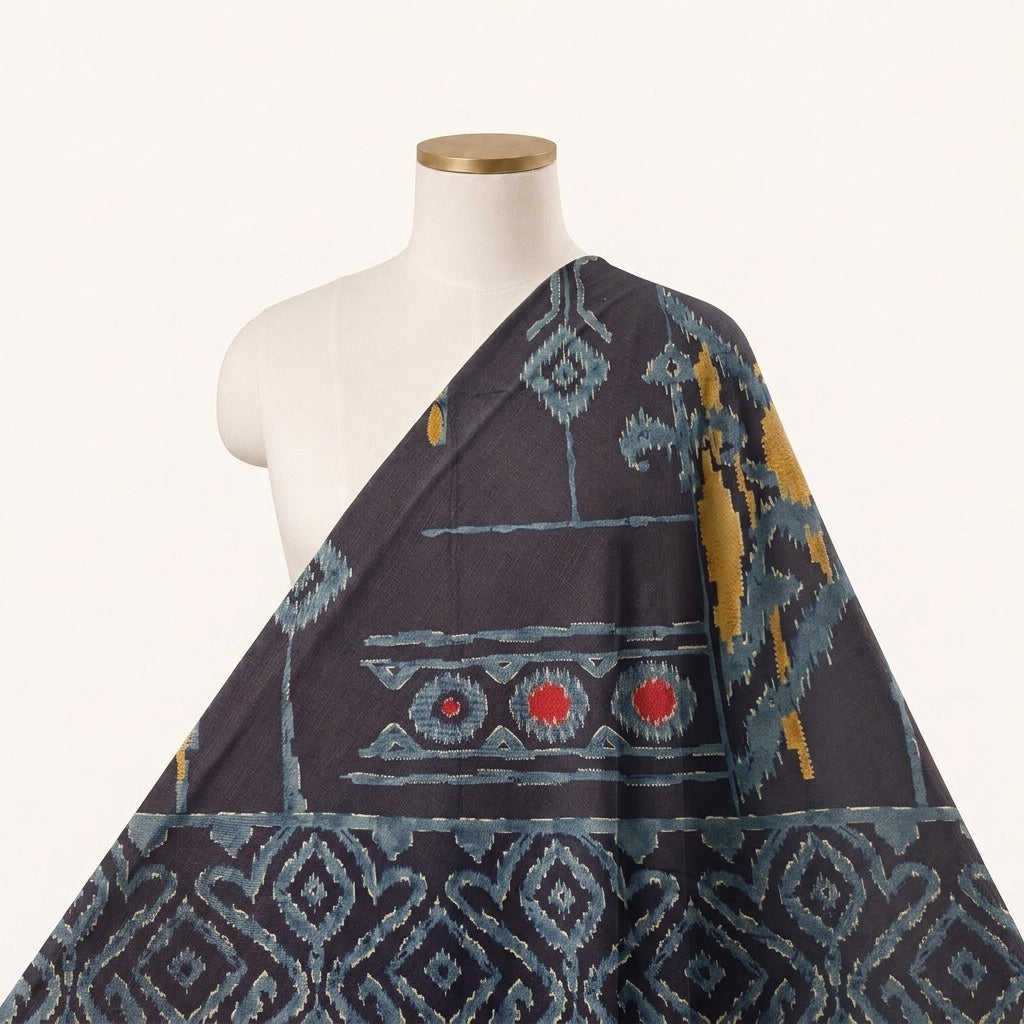 Abstract Blue Abstract Rayon Fabric Draped as a saree