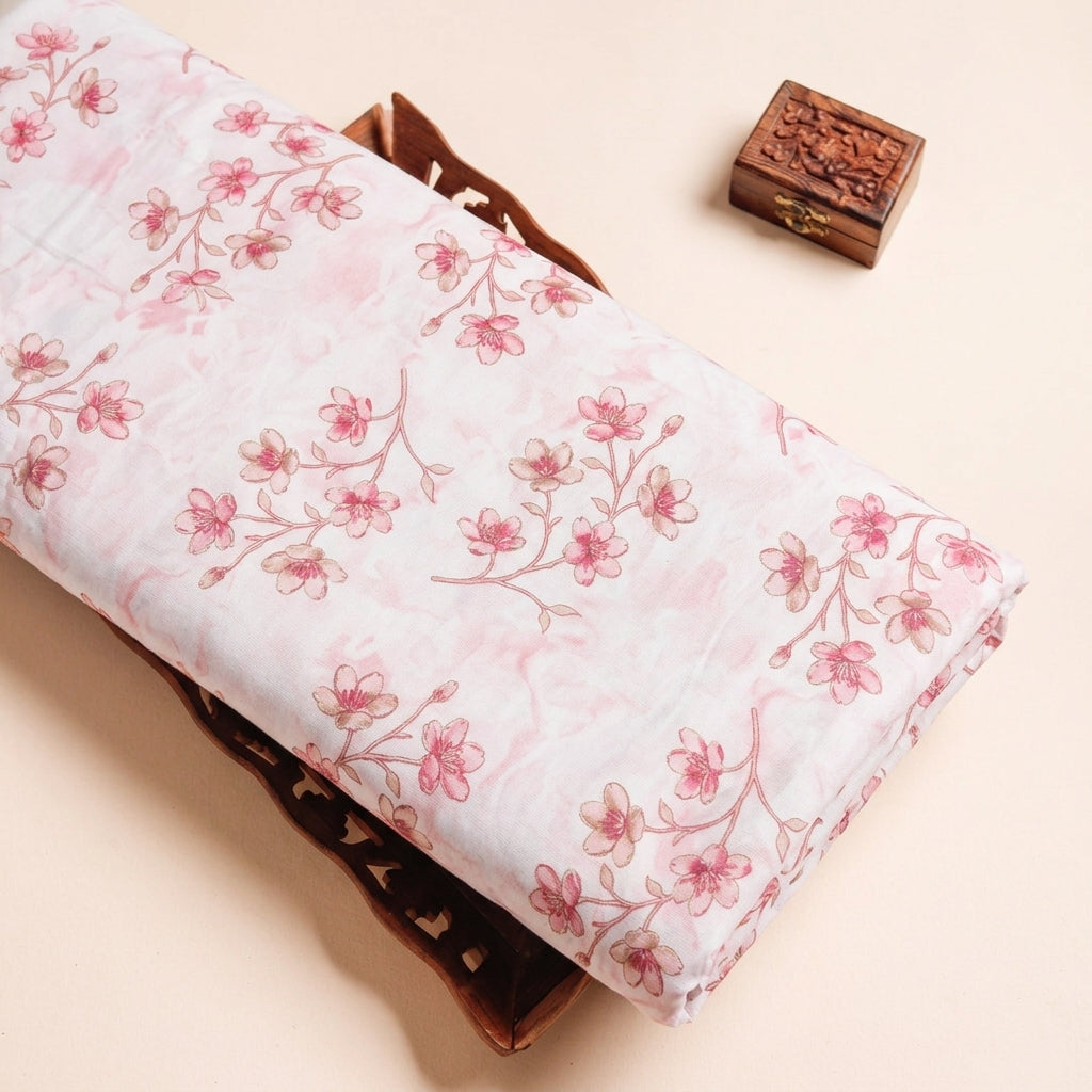 Floral Cream Floral Rayon Fabric on a wooden tray
