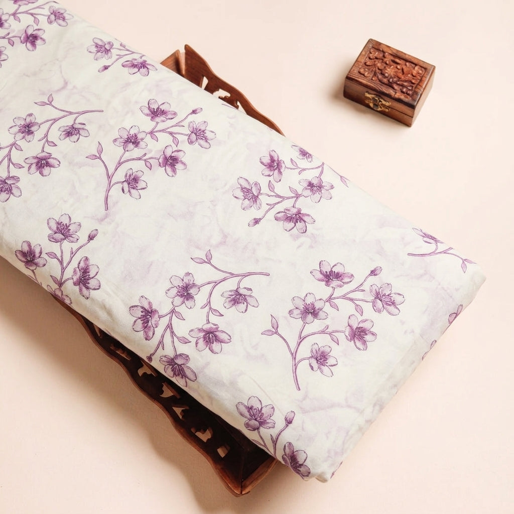 Floral Cream Floral Rayon Fabric on a wooden tray