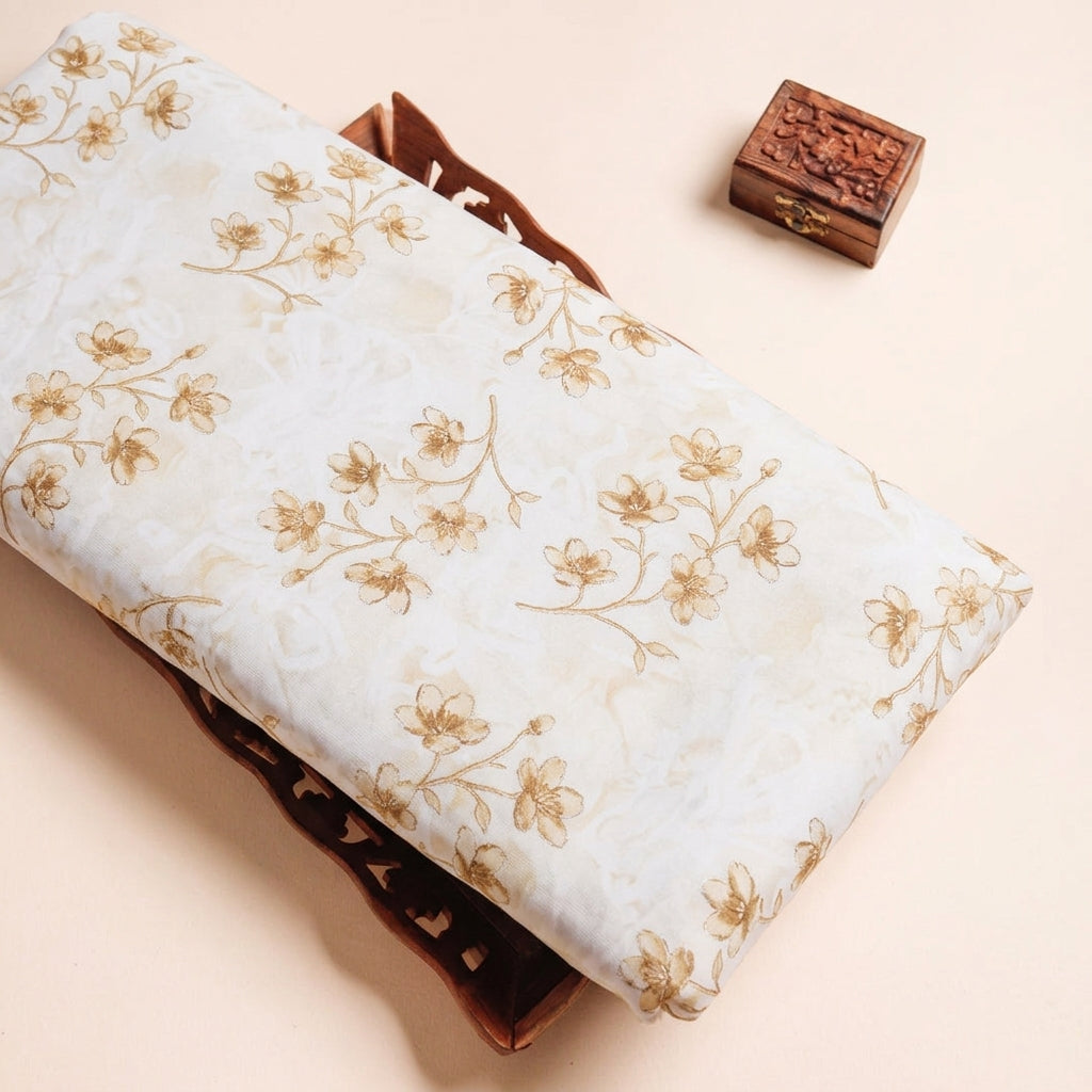 Floral Cream Floral Rayon Fabric on a wooden tray