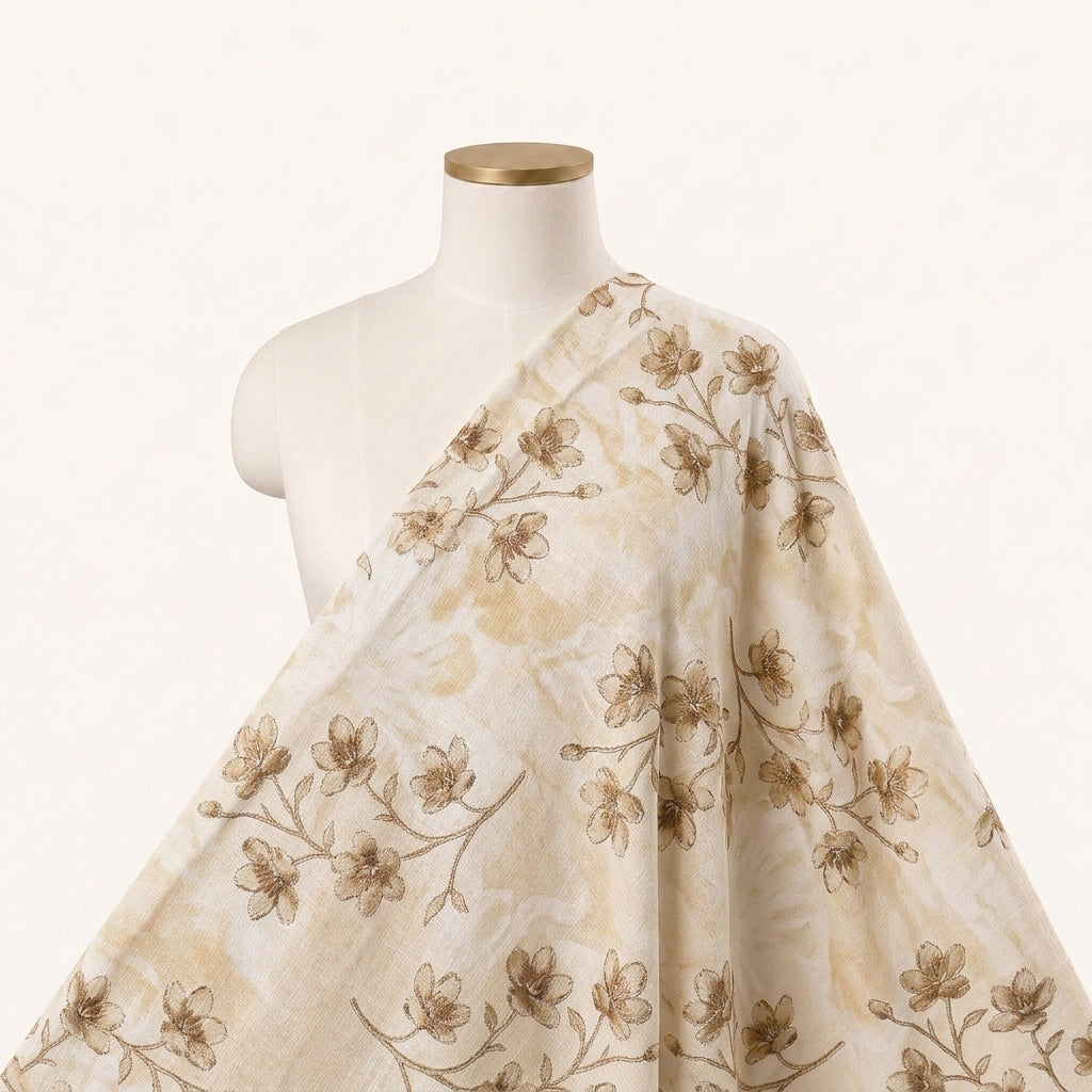 Floral Cream Floral Rayon Fabric Draped as a saree