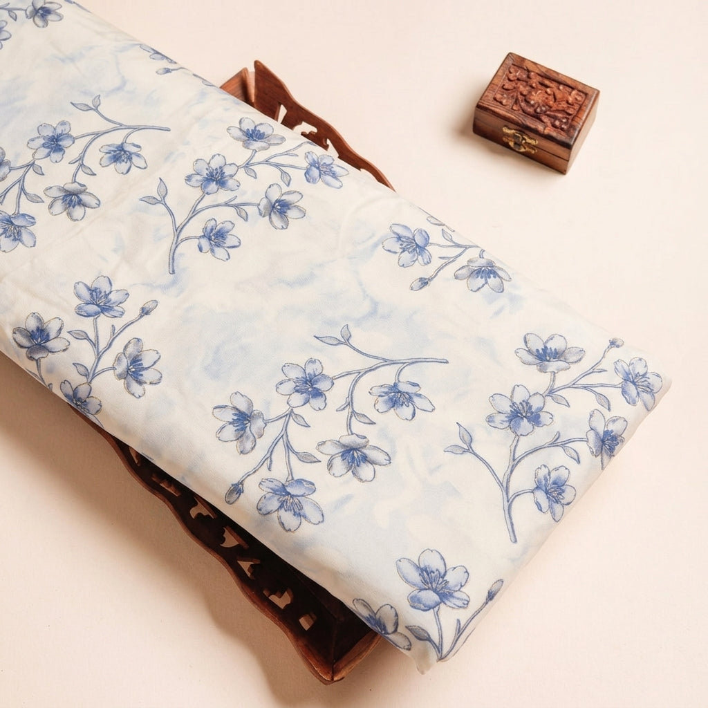 Floral Cream Floral Rayon Fabric on a wooden tray