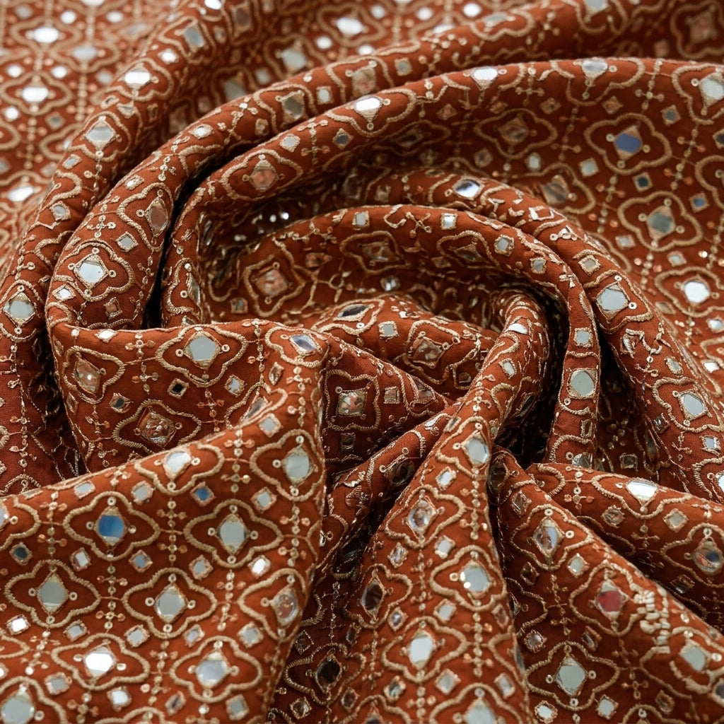 Swirled Embroidery Rust Embroidery Georgette Fabric