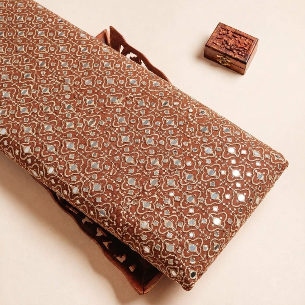Folded Rust Embroidery Georgette Fabric Highlighting Mirror work Thread Work and Texture