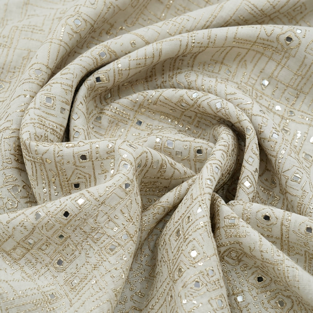 Swirled Embroidery White Embroidery Georgette Fabric