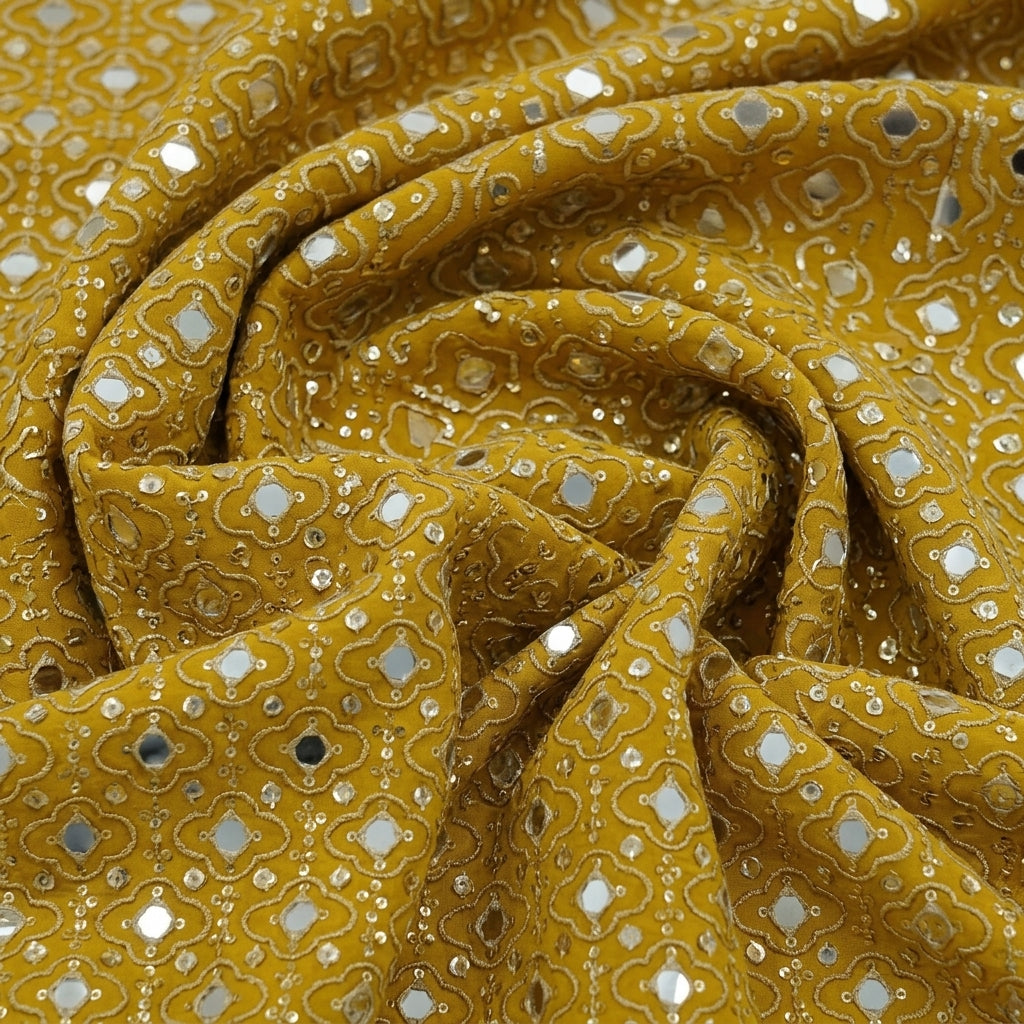 Swirled Embroidery Yellow Embroidery Georgette Fabric