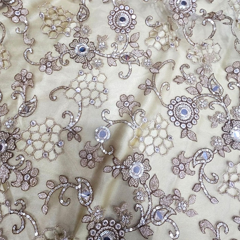 Gold Floral Embroidery Net Fabric - EC16834
