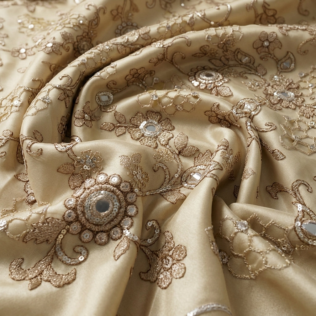 Gold Floral Embroidery Net Fabric - EC16834