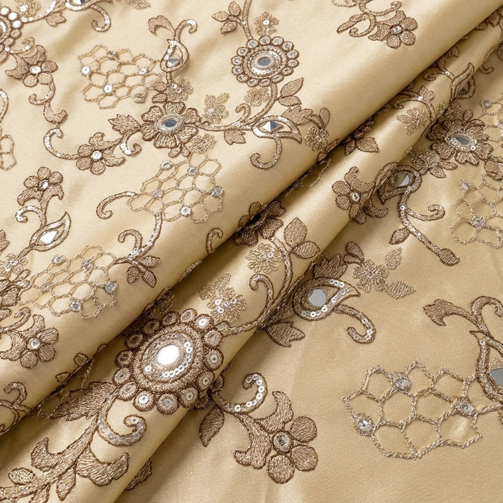 Gold Floral Embroidery Net Fabric - EC16834