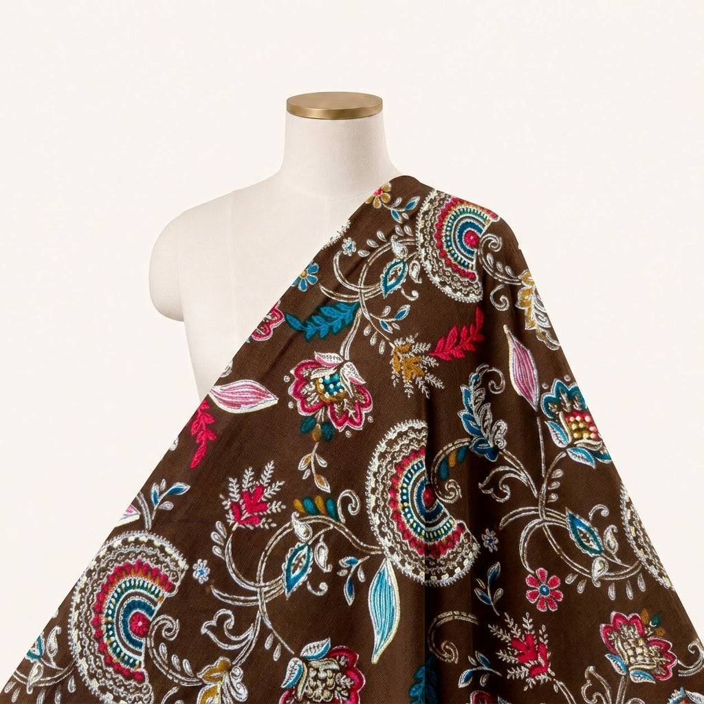 Foil Brown Foil Rayon Fabric Draped as a saree