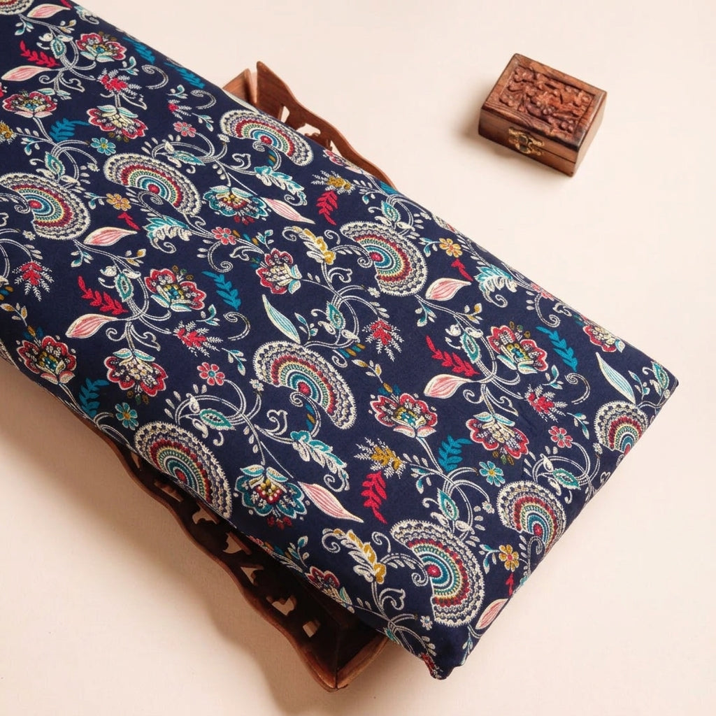 Foil Blue Foil Rayon Fabric on a wooden tray