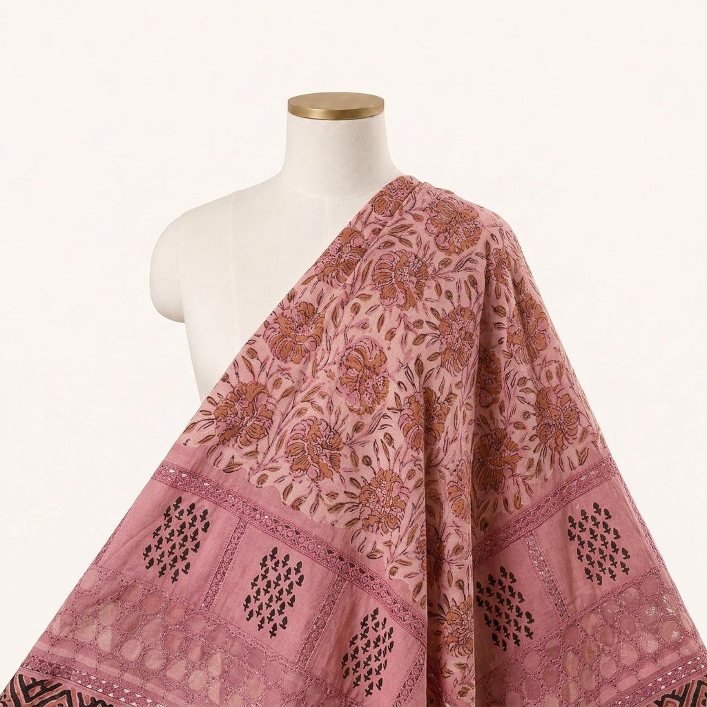 Cutwork Pink Cutwork Cotton Fabric Draped as a saree