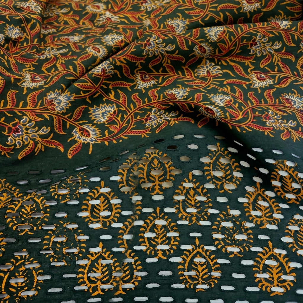 Swirled Cutwork Green Cutwork Cotton Fabric