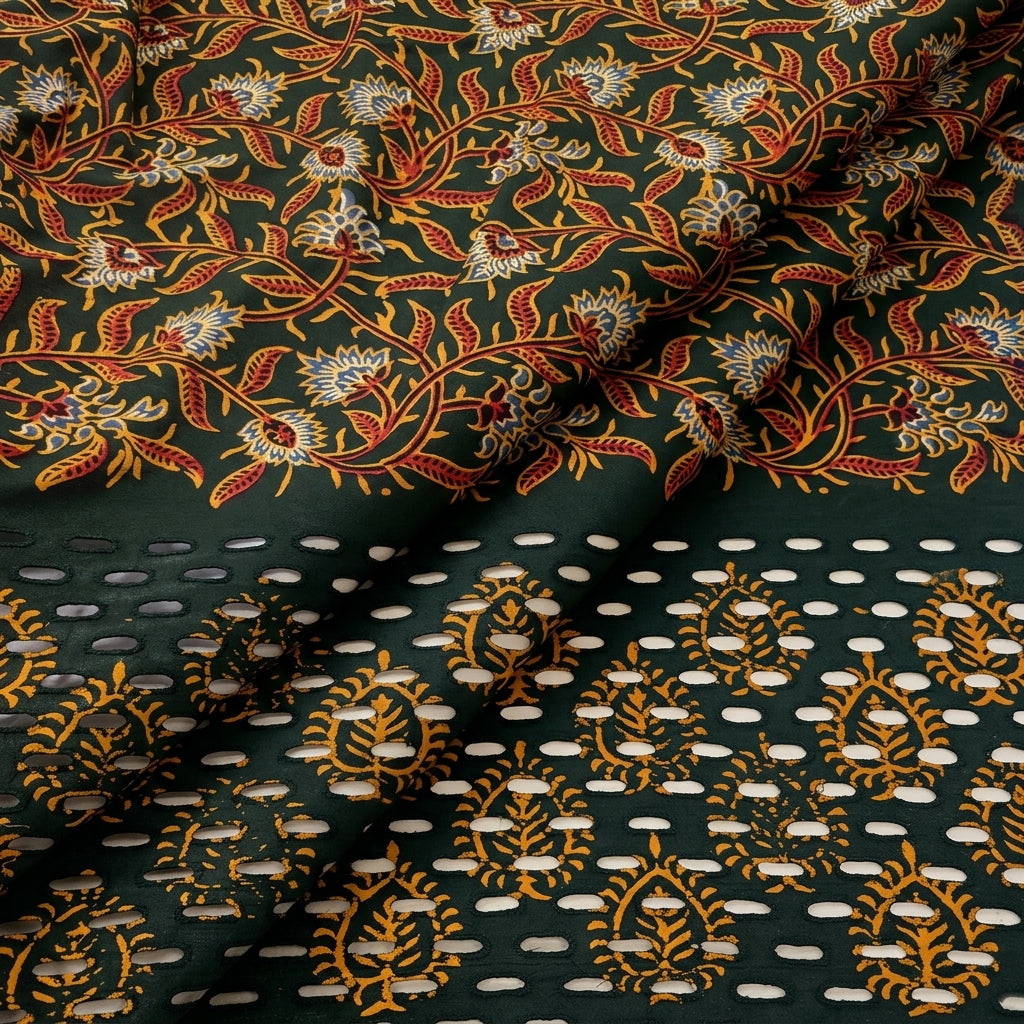 Folded Cutwork Green Cutwork Cotton Fabric