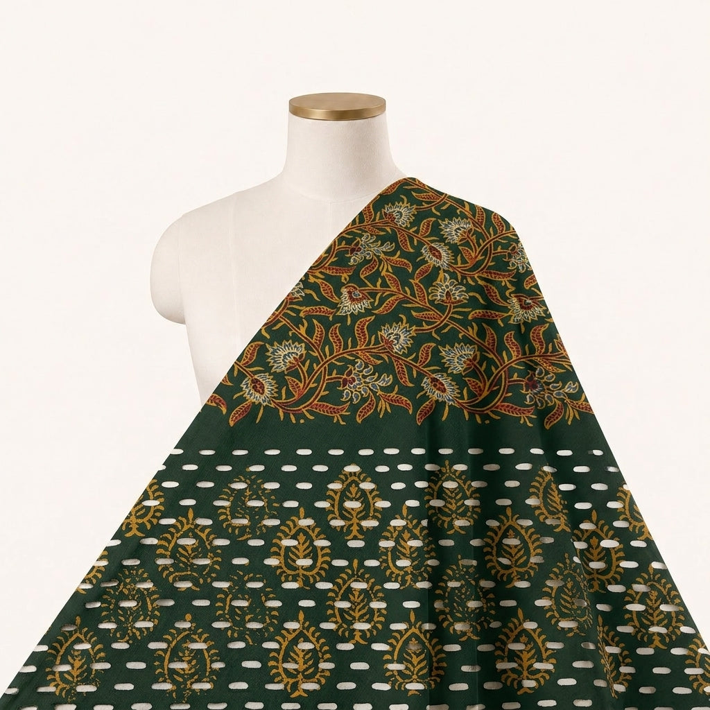Cutwork Green Cutwork Cotton Fabric Draped as a saree