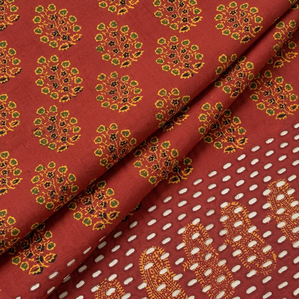 Folded Cutwork Maroon Cutwork Cotton Fabric