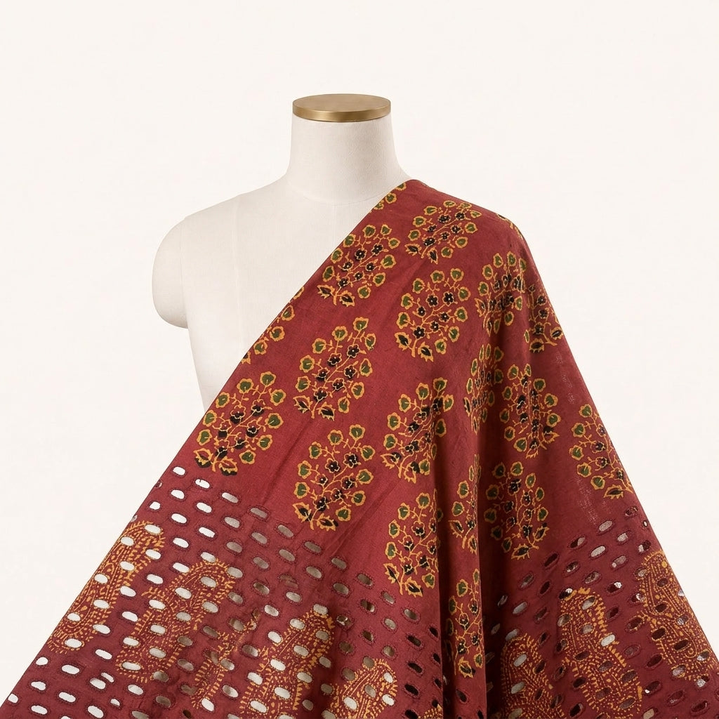 Cutwork Maroon Cutwork Cotton Fabric Draped as a saree