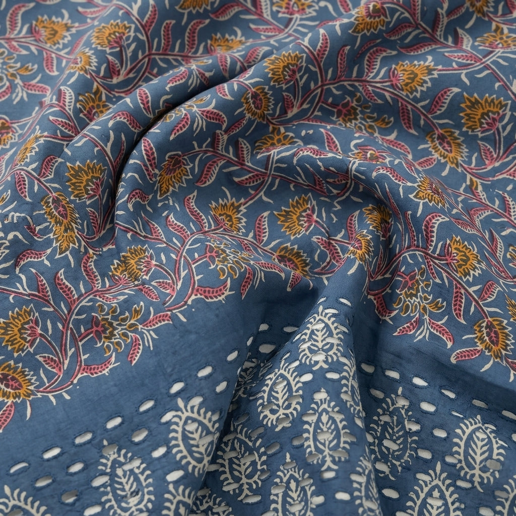Swirled Cutwork Blue Cutwork Cotton Fabric