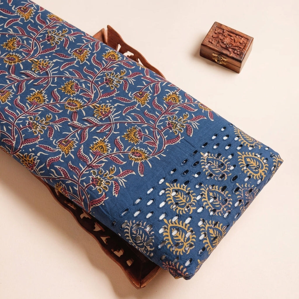 Cutwork Blue Cutwork Cotton Fabric on a wooden tray