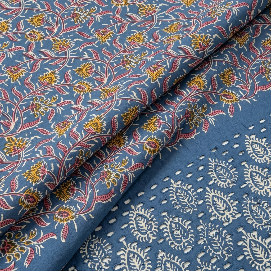 Folded Cutwork Blue Cutwork Cotton Fabric