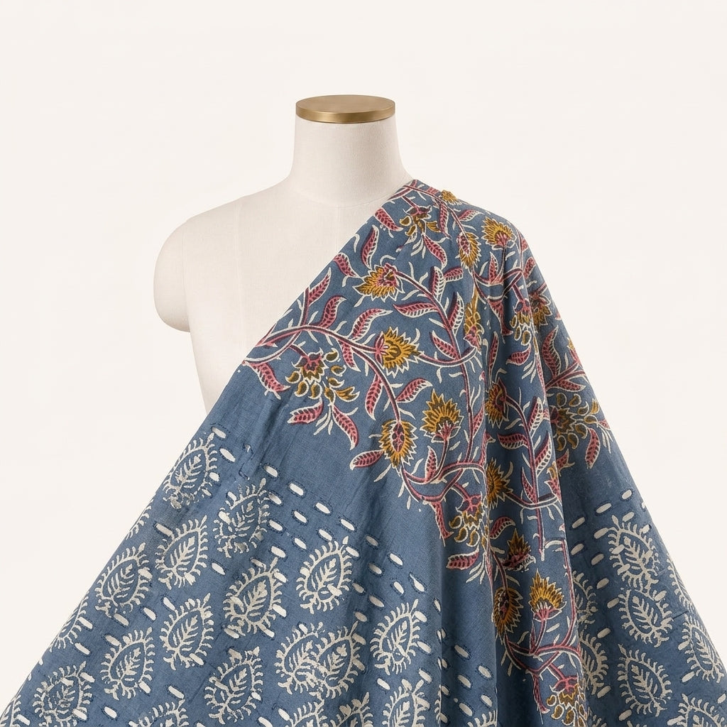 Cutwork Blue Cutwork Cotton Fabric Draped as a saree