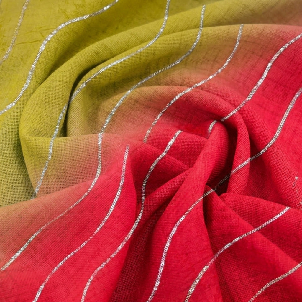 Swirled Two Toned Red Yellow Two Toned Crepe Fabric