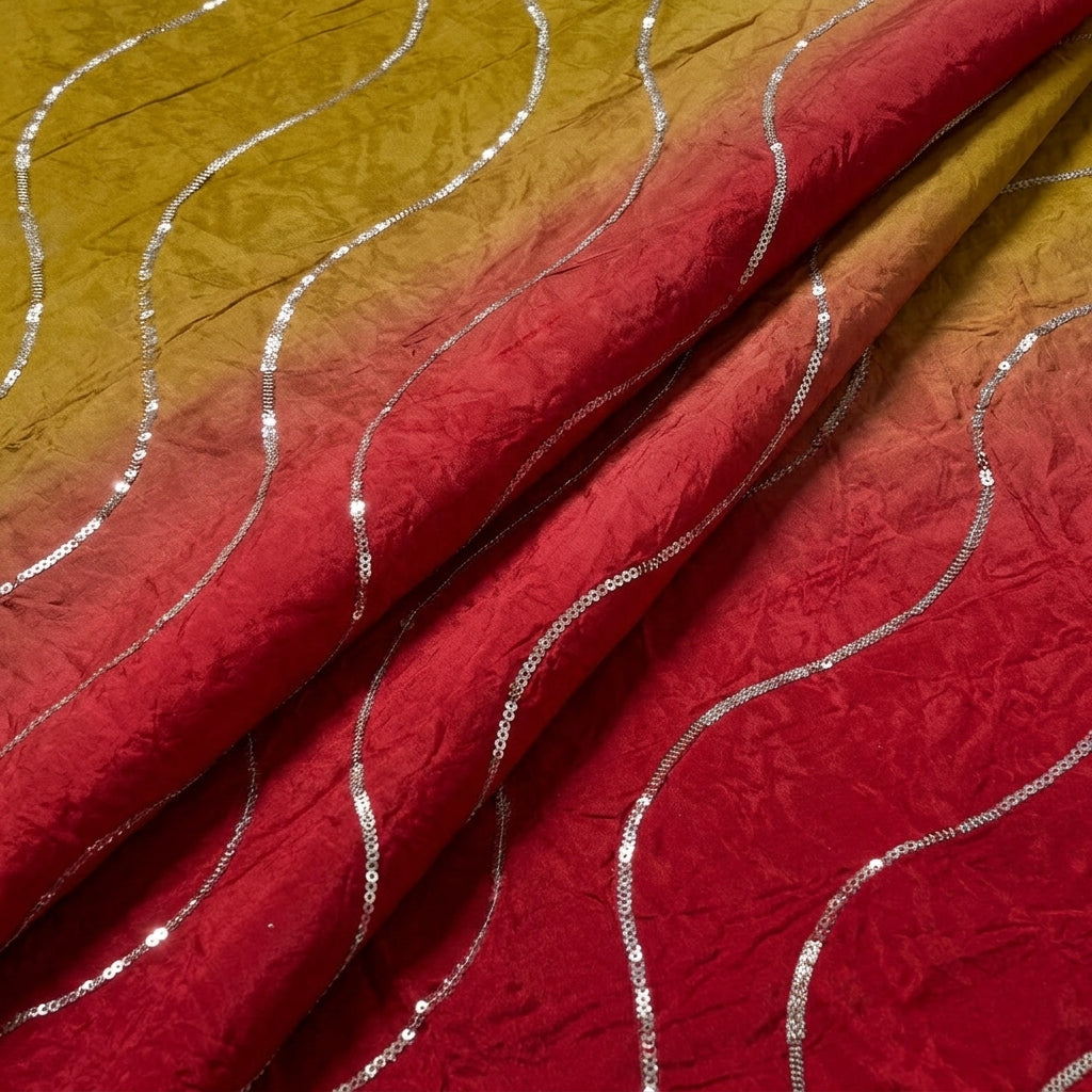 Folded Two Toned Red Yellow Two Toned Crepe Fabric