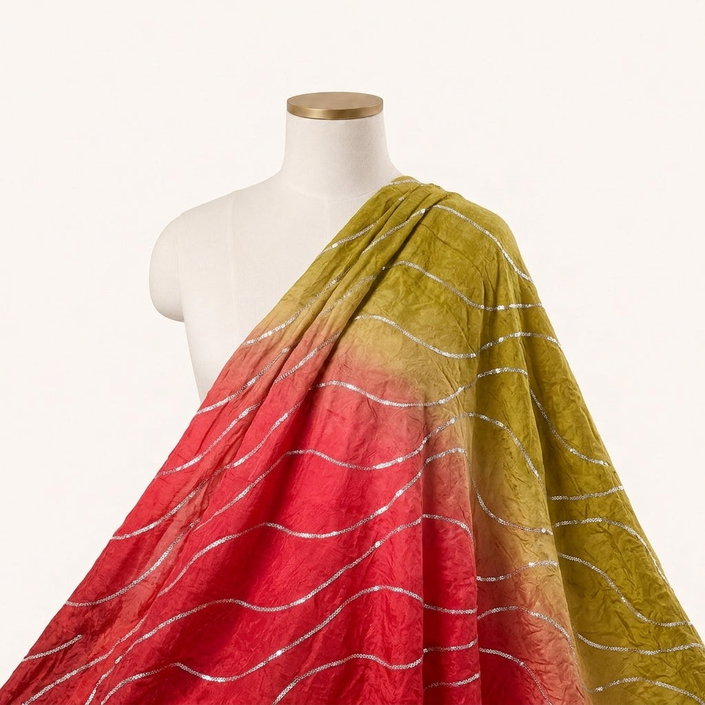 Two Toned Red Yellow Two Toned Crepe Fabric Draped as a saree