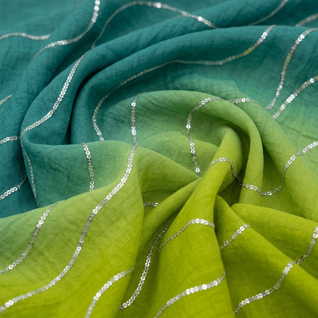 Swirled Two Toned Green Two Toned Crepe Fabric