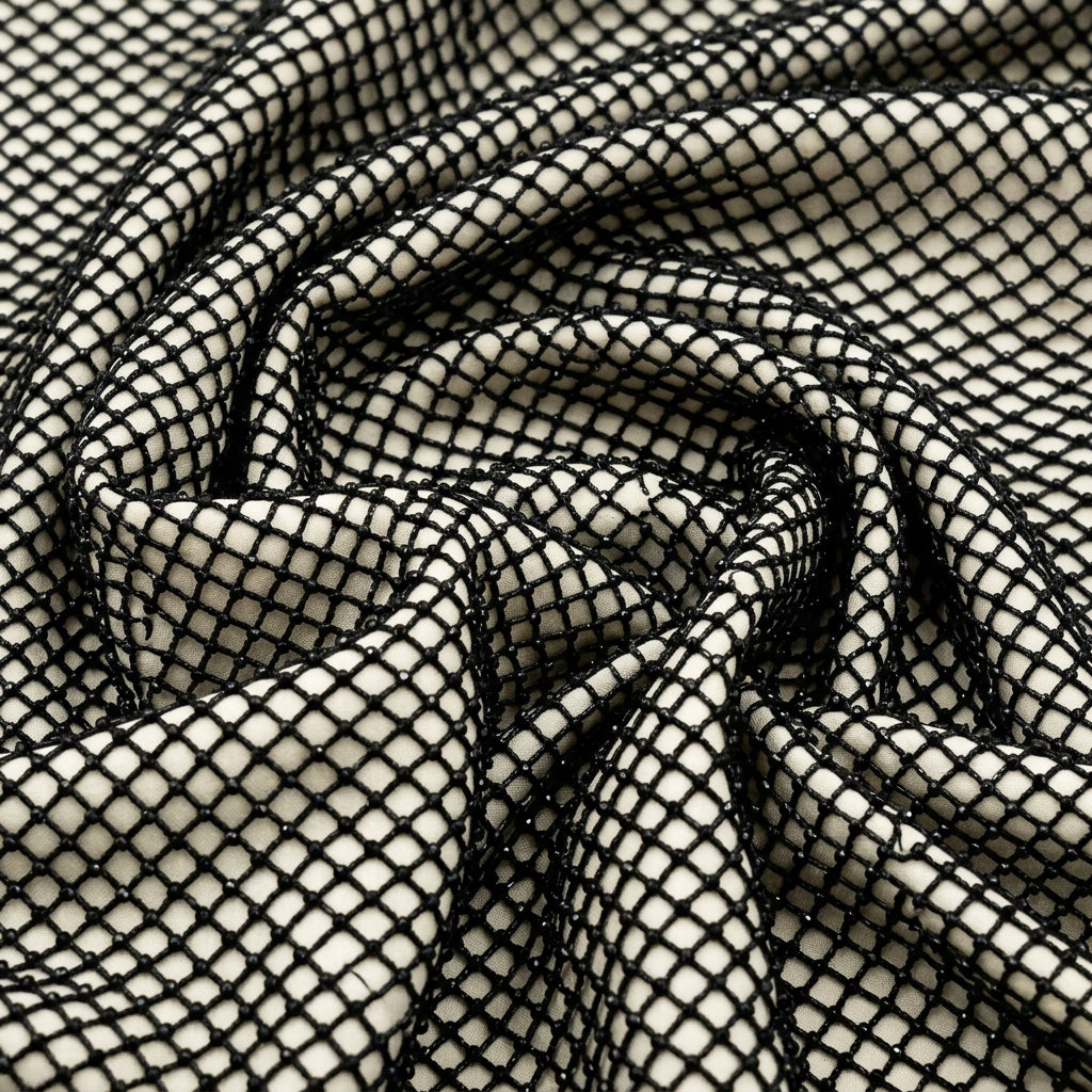 Swirled Embroidery Black Embroidery Net Fabric