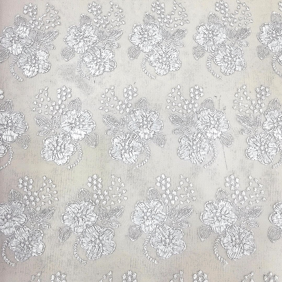 White Floral Net Embroidery Fabric - EC16950