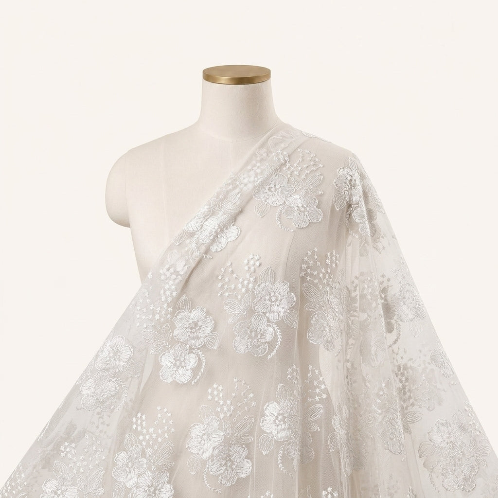 White Floral Net Embroidery Fabric - EC16950