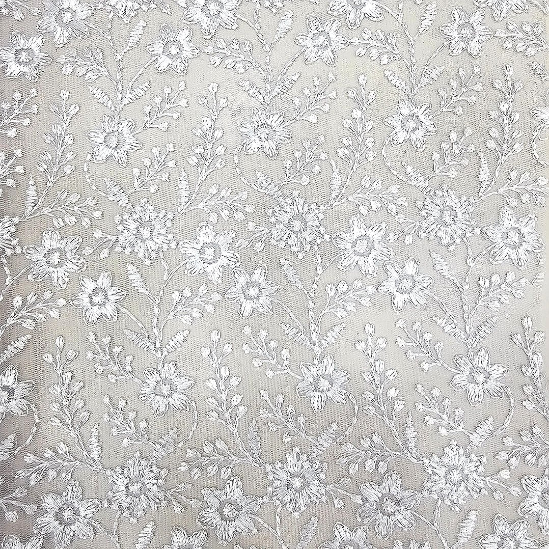 White Floral Net Embroidery Fabric - EC16951
