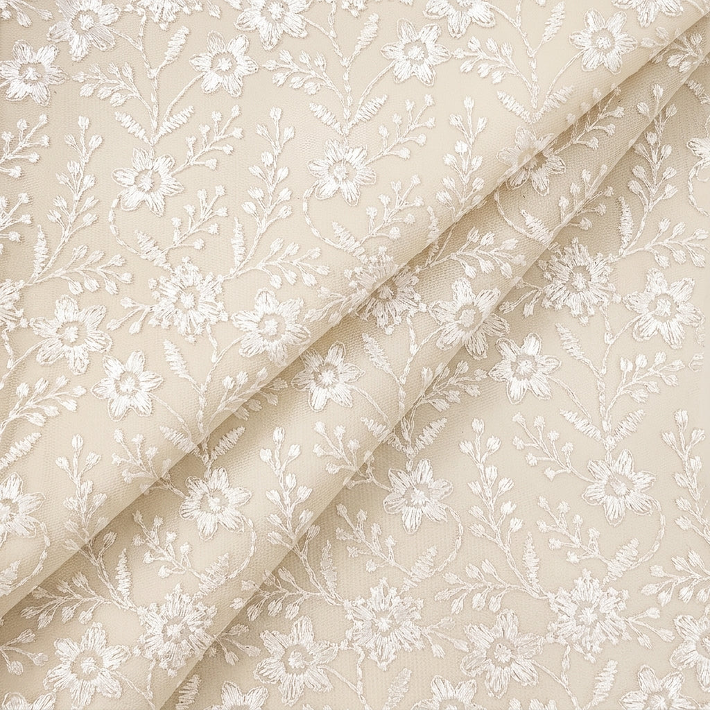 White Floral Net Embroidery Fabric - EC16951