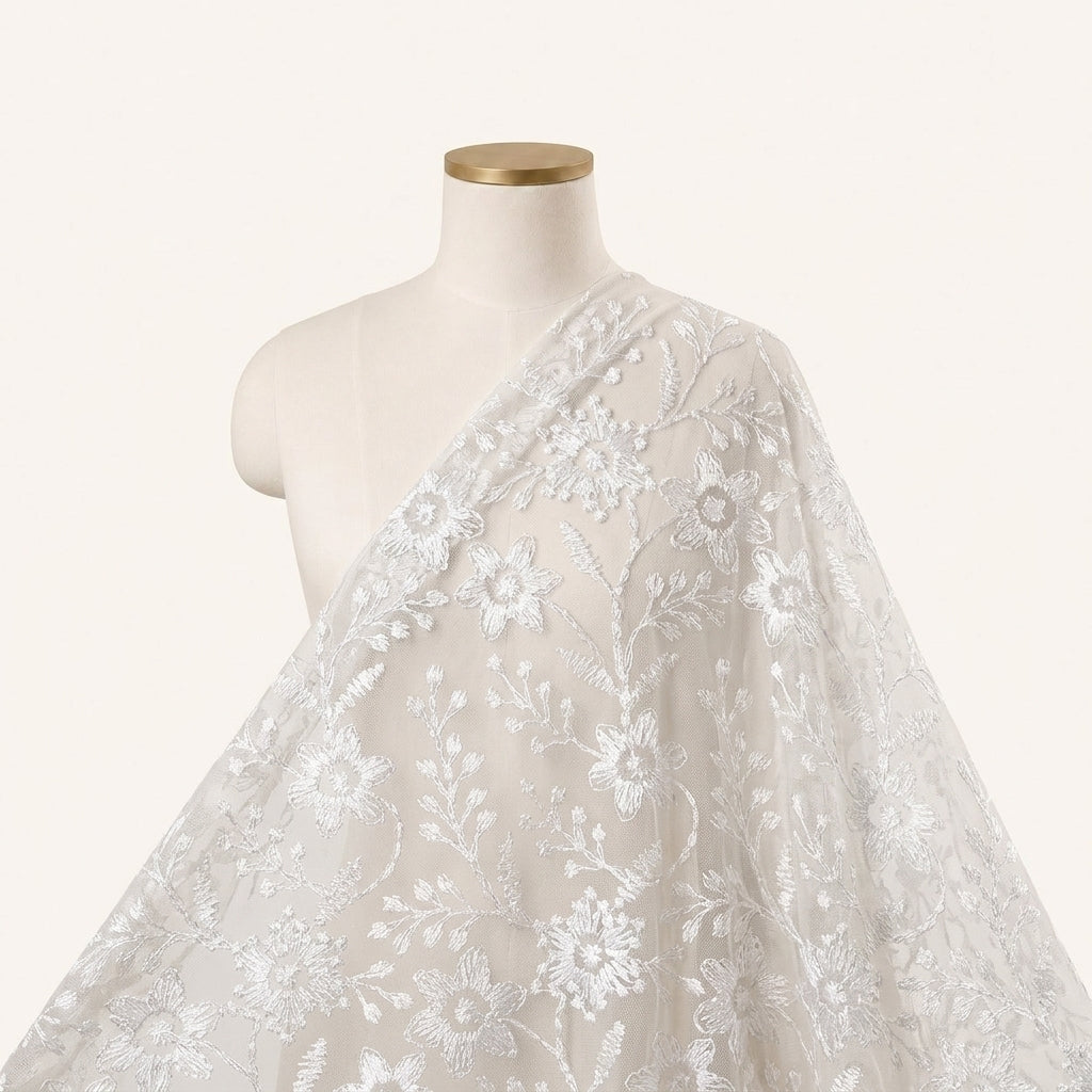 White Floral Net Embroidery Fabric - EC16951