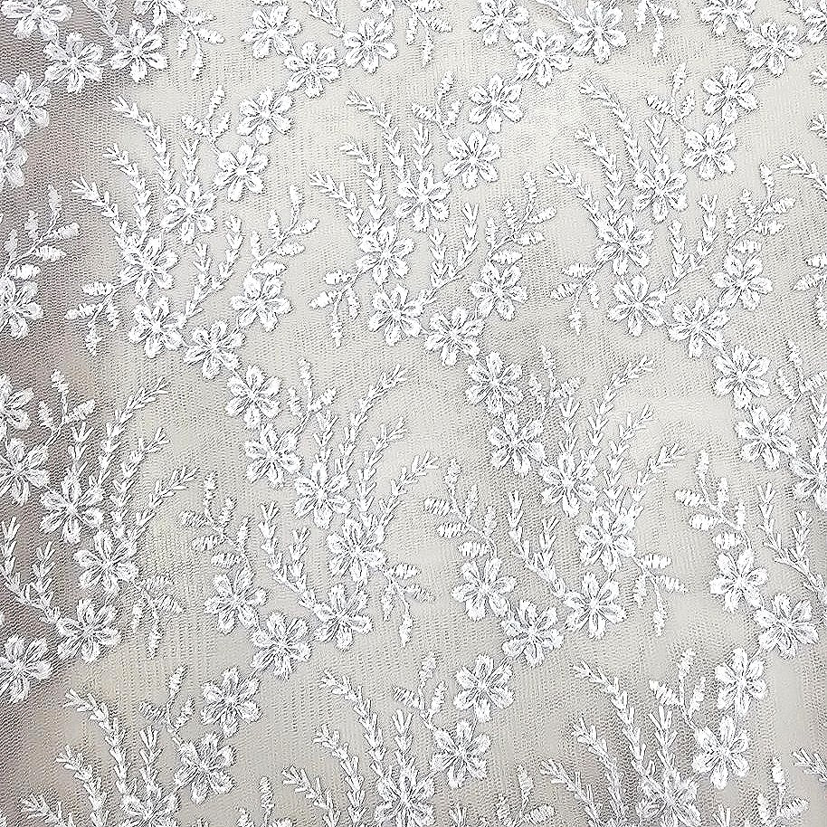 White Floral Net Embroidery Fabric - EC16952