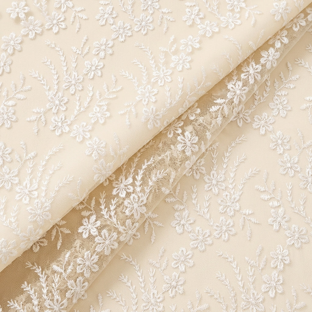 White Floral Net Embroidery Fabric - EC16952