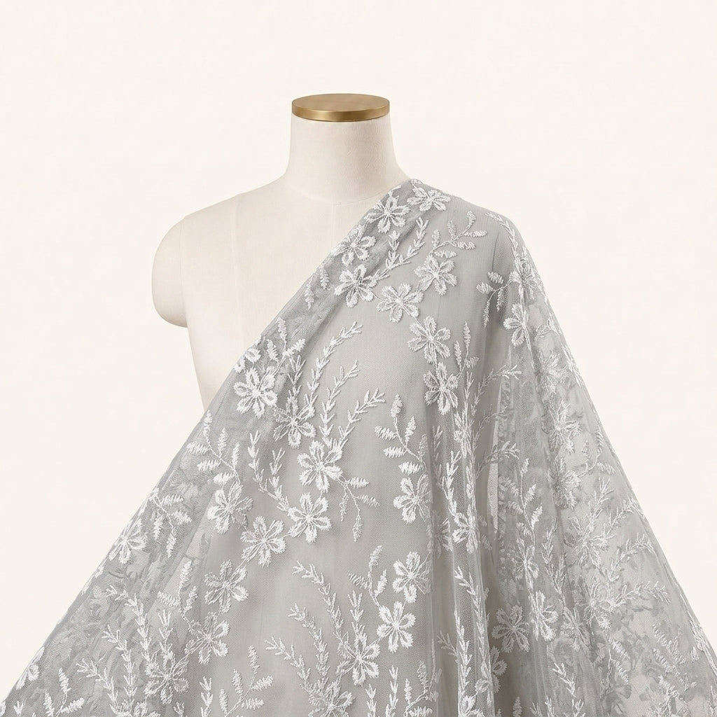 White Floral Net Embroidery Fabric - EC16952
