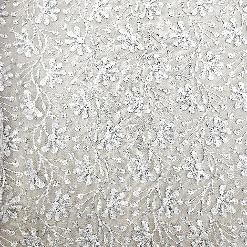 White Floral Net Embroidery Fabric - EC16953