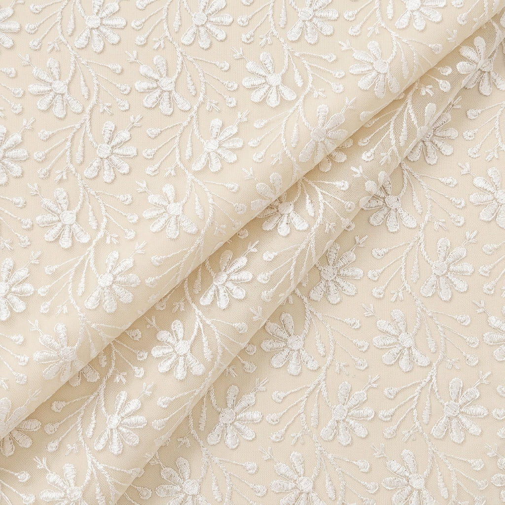 White Floral Net Embroidery Fabric - EC16953