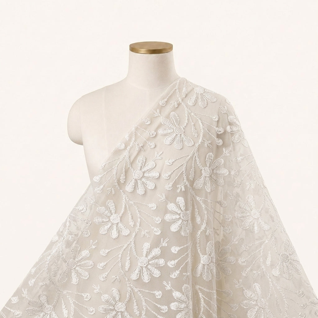 White Floral Net Embroidery Fabric - EC16953