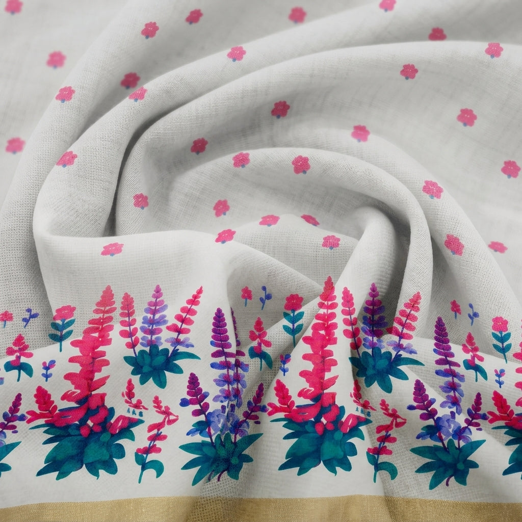 Cream Floral Chanderi Cotton Fabric - EC17065 – swirl view
