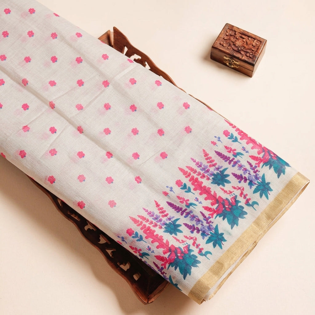 Cream Floral Chanderi Cotton Fabric - EC17065 – tray view