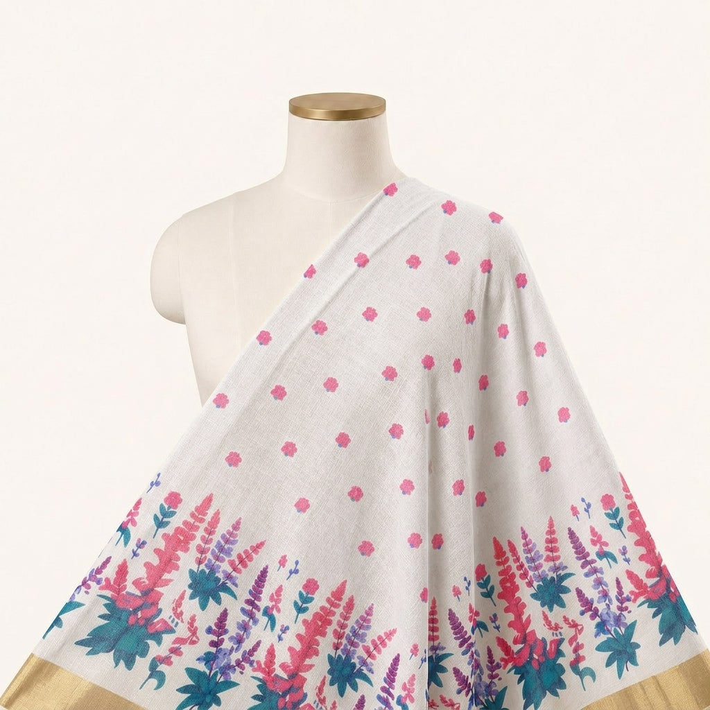 Cream Floral Chanderi Cotton Fabric - EC17065 – drape view