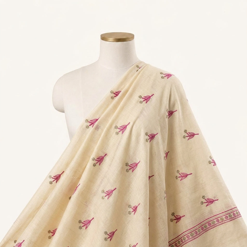 Embroidery Yellow Embroidery Linen Fabric Draped as a saree
