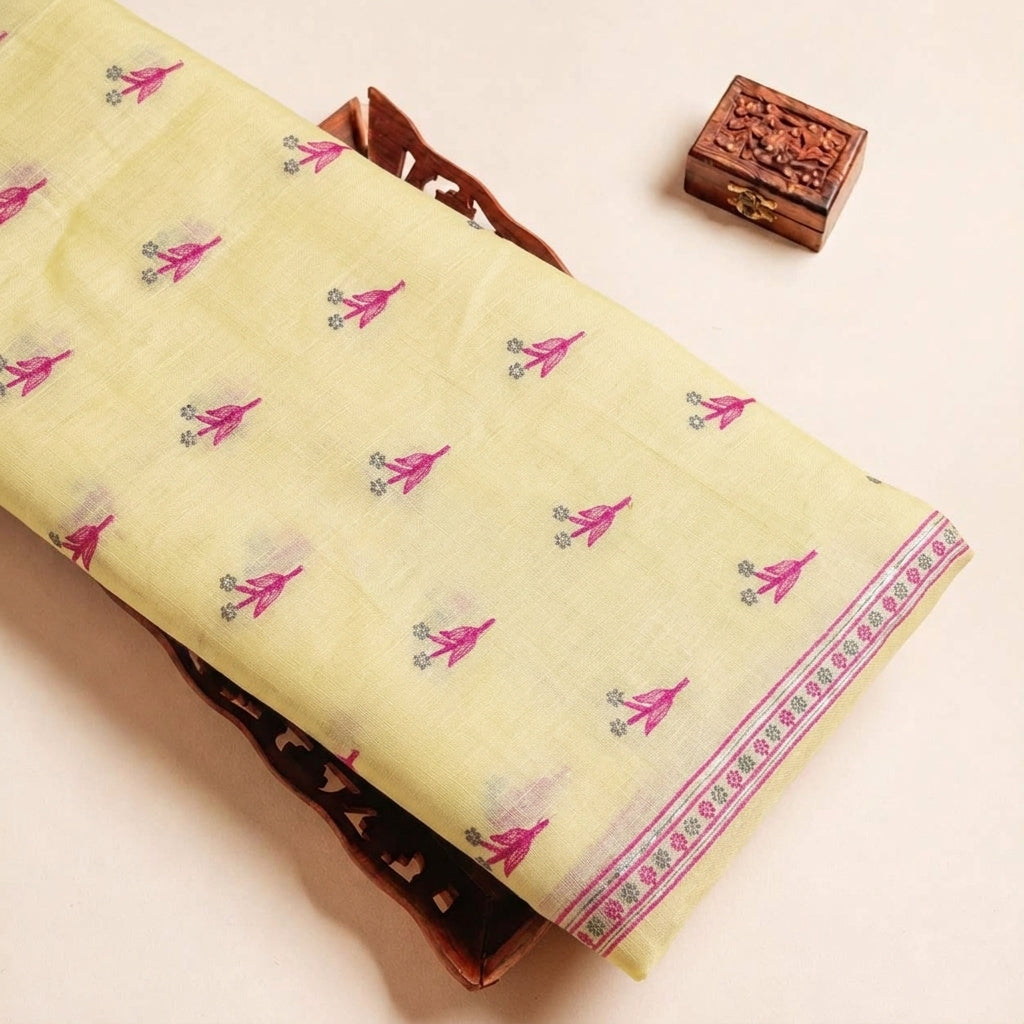 Folded Yellow Embroidery Linen Fabric Highlighting Floral and Texture