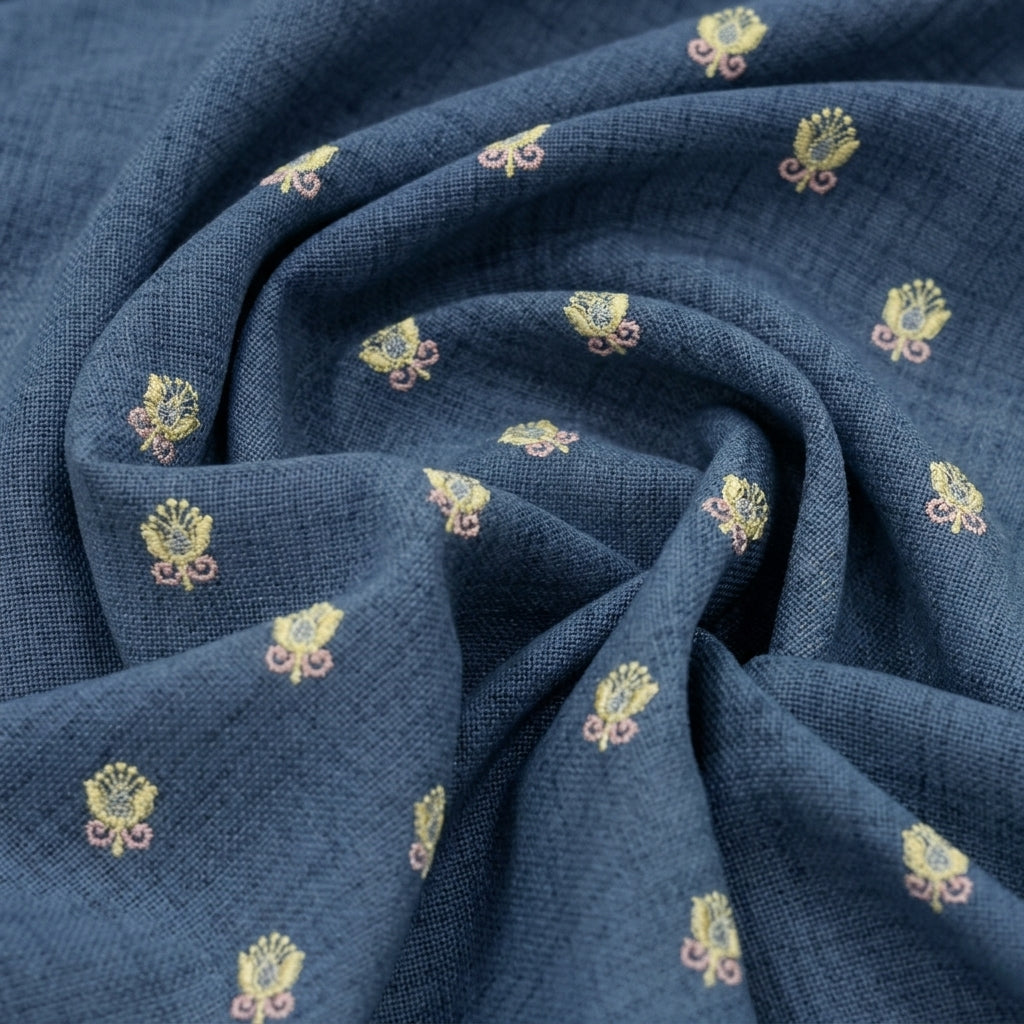Swirled Embroidery Blue Embroidery Linen Fabric