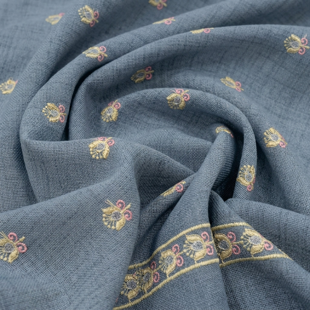 Swirled Embroidery Blue Embroidery Linen Fabric