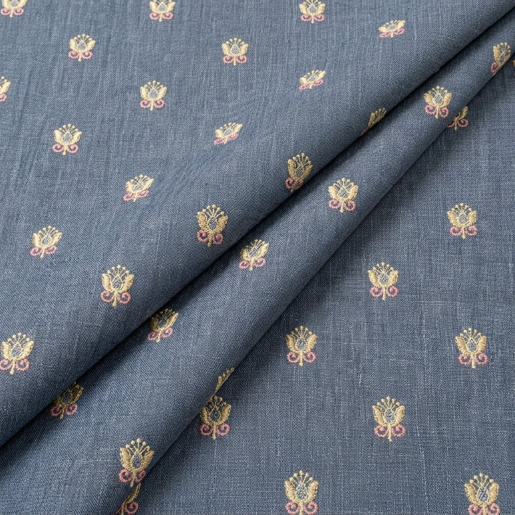 Folded Embroidery Blue Embroidery Linen Fabric
